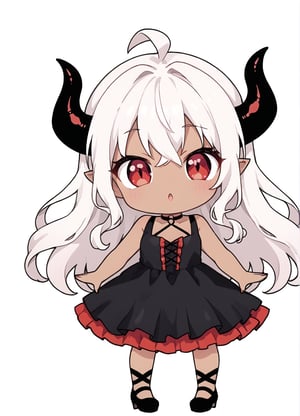 Woman, demon girl, cute face, dark skin, red long hair, red eyes, sexy demon girl, black_dress,possmach,chibi, chibi style