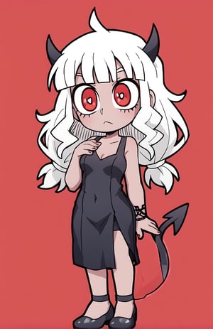 Woman, demon girl, cute face, dark skin, red long hair, red eyes, sexy demon girl, black_dress,possmach,Helltaker style, full body