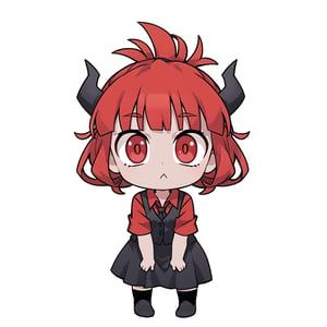 Woman, demon girl, cute face, dark skin, red hair, red eyes, sexy demon girl, black_dress,Helltaker style,possmach,chibi, chibi style