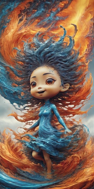 Depict a Chibi elemental creature. This being controls wind and weather. Gusts of wind, rain, and lighting swirl around the chibi being as it laughs. 
This should be rendered as a comically epic scene. 

photorealistic, lava, seeBlack ink flow: 8k resolution photorealistic masterpiece, intricately detailed fluid gouache painting, calligraphy, acrylic: colorful watercolor art, cinematic lighting, maximalist photoillustration, 8k, HD, resolution concept art intricately detailed, complex, elegant, expansive, fantastical, psychedelic realism, dripping paint, Movie Still, salvadordalistyle, noise reducer,Chibi Style,wind