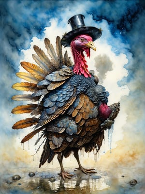 A turkey dressed as a pilgrim, full body, 8k resolution photorealistic masterpiece, intricately detailed fluid painting, by Jean Baptiste Monge, acrylic: colorful watercolor art, cinematic lighting, maximalist photoillustration, 8k resolution concept art intricately detailed, complex, elegant, expansive, fantastical, psychedelic realism, dripping paint,greg rutkowski,detailmaster2