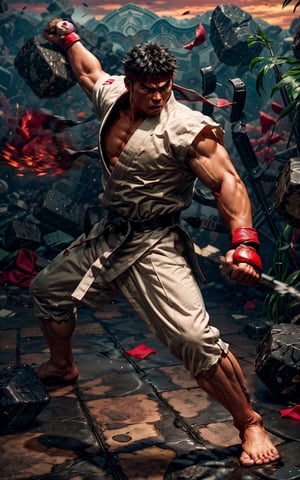 Render a depiction of Ryu from Street Fighter. He has  a look of determination as he arduously trains. 

He is punching a boulder causing it to shatter. Rubble can seen on the ground, broken rock and splintered wood, showing the combat prowess and power Ryu possesses. This scene should be filled with dynamic movement, both in Ryu's punching stance and in the rocks flying through the air from the shattering effect of his blow. 

 Ryu wears a white karate gi with a black belt and red bandana, 

full body, action scene, intense face, wearing dojo pants,  sunset,renaissance,yotsuya miko,SF6Ryu,yurikawa hana,sfr1v,SFguile