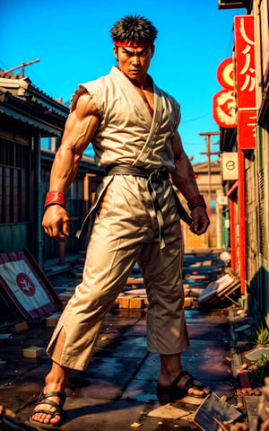 Render a depiction of Ryu from Street Fighter. He has  a look of determination. Ryu wears a white karate gi with a black belt and red bandana, He is arduously training, he shadow boxes, debris from broken pieces of wood and rock rest on the ground around him, full body, dynamic pose, intense face, wearing dojo pants,  sunset,renaissance,yotsuya miko,SF6Ryu,yurikawa hana,sfr1v,SFguile