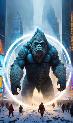 A mysterious Yeti emerges from a misty portal into Times Square New York. Another land can be seen through the portal, one of mountains and snow.
The Yeti walks through the portal into a modern city filled with people and lights creating a sense of adventure. 

 Masterpiece, best quality,Highlydetailed,EpicArt,effect,more detail XL, magic, elemental, ,painting by jakub rozalski,(Circle:1.4)