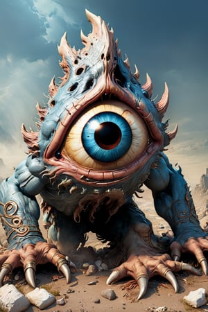 Render a scene depicting the classic Cyclops monster from Greek Mythology. 
This monster is giant, it has one large eye above its snoutish nose giving it a grotesque appearance. It has the appears brutish and roars as it reaches for the viewer. 
It holds a clot in the other hand. 
high_resolution, high detail, noise_reducer, 4k, HD, detailmaster2,Leonardo Style,photo r3al, illustration, perfect anatomy, detailed_hands, detailed_eyes, detailed_face,biopunk style