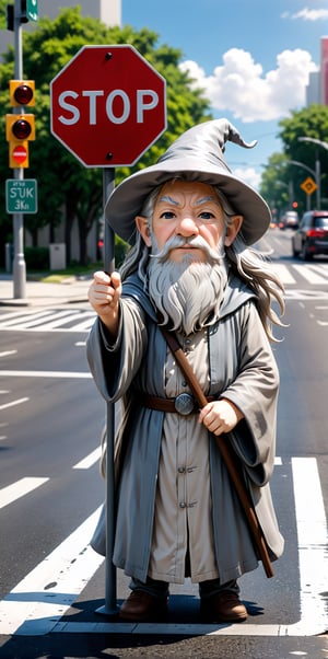 Create a scene with a chibi Gandalf stopping traffic at a cross walk. He holds a stop sign in one hand. 
Cars are stopped as they wait for normal sized children to walk across the cross walk. Despite being smaller than the children Gandalf stand confidently in an epic pose telling traffic it cannot pass. 
  
8k resolution photorealistic masterpiece, intricately detailed, cinematic lighting, maximalist photoillustration, HD,chibi,Chibi Style,more detail XL,photo r3al,jyutaku