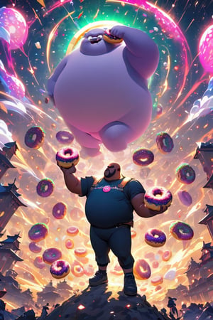 A fat man and a doughnut with sprinkles, nature, masterpiece, best quality, glowing, dual wielding, 32k, art style