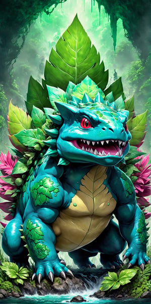 Render Venasaur from Pokemon. There should be a large blooming flower on Venasaur's back. 

photorealistic, Green, seeBlack ink flow: 8k resolution photorealistic masterpiece, intricately detailed fluid gouache painting, by Jean Baptiste Mongue, calligraphy, acrylic: colorful watercolor art, cinematic lighting, maximalist photoillustration, 8k, HD, resolution concept art intricately detailed, complex, elegant, expansive, fantastical, psychedelic realism, dripping paint,cyborg style,steampunk style,cyborg,android,steampunk,Movie Still, salvadordalistyle, noise reducer,