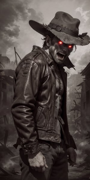  A male vampire walks through a destroyed village, open mouth showing his long, sharp, thick, fangs, mouth_open, fully body, black and white with a splash of red, eyes wide open glowing red with diffused light. Leather jacket, bowlers hat.,fangs, scary, spooky, feasting, fierce, Dracula,  menacing,High detailed ,DonMn1ghtm4re,Sketch,DonM4lbum1n,EpicArt,Outline