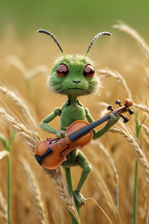  A Chibi cricket plays the violin on top of wheat seed at the end of the stem of wheat grass. 
detailed eyes, detailed face, detailed skin, detailed hands, 
high_resolution, high detail, noise_reducer, 4k, HD, detailmaster2,Leonardo Style,photo r3al