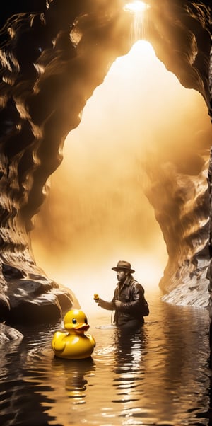 A man exploring a cave comes face to face with a rubber duck floating in a small puddle of water in a cave tunnel.
Sepia tones

8k resolution photorealistic masterpiece, intricately detailed, cinematic lighting, maximalist photoillustration, HD,make_3d,more detail XL