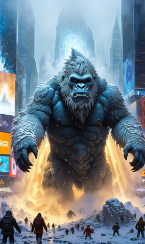 A mysterious Yeti emerges from a misty portal into Times Square New York. Another land can be seen through the portal, one of mountains and snow.
The Yeti walks through the portal into a modern city filled with people and lights creating a sense of adventure. 

 Masterpiece, best quality,Highlydetailed,EpicArt,effect,more detail XL, magic, elemental, ,painting by jakub rozalski,(Circle:1.4)