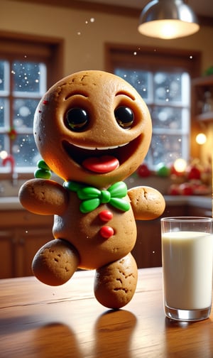 A gingerbread man sprints across a kitchen counter with a look of glee on his face. 
Another gingerbread man jumps into a glass of milk causing it to splash. 

Volumetric lighting, best quality, hi res, phsycedelic, 
more detail XL,Chibi Style,ral-chrcrts