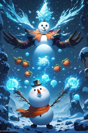 Snowman, carrot nose, blizzard, blue, nature, masterpiece, best quality, glowing, dual wielding, 32k, art style