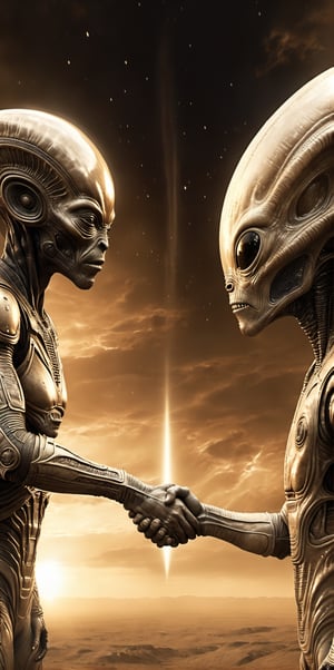 A man comes face to face with an alien. They shake hands. 
Sepia tones

8k resolution photorealistic masterpiece, intricately detailed, cinematic lighting, maximalist photoillustration, HD,make_3d,more detail XL
