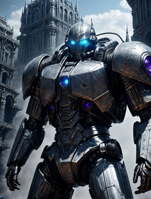 Render an image of a 30 year old man. 

He has a serious expression that eminates wisdom.

He wears a light gray hightech, lightweight, armored jacket. He has lightly armored utility pants as well. His knuckles have a metal sheen to them as they are literally iron. His armor emanates with diffused violette light due to the technology within it. 

solo, 8k resolution photorealistic masterpiece, intricately detailed, cinematic lighting, 8k resolution concept art intricately detailed, complex, expansive, fantastical, ,DonMR3mn4nts ,wowdk,sm,mecha musume