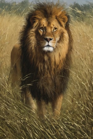 A male lion peers through tall grass.   high_resolution, ultra quality, good art, noise_reducer, white background, correct anatomy, detailed, action in motion, sharp focus, centered, masterpiece, 3d background,painting by jakub rozalski