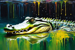A Crocodile swims through paint. 

A crocodile silently swims through a pool of paint. The only visible features of the crocodile are the top of it's head, eys, snout, top of it's back, and the end of its tail. 

This should be a surreal depiction of a stealthy predator. Only slight ripples emanate through the paint showing only the slightest hint of movement. 

The crocodile is Green and its eyes are yellow with a black slit pupil. The pool of paint has various colors to it. The backdrop for this picture white. 

dripping paint,biopunk style,Movie Still