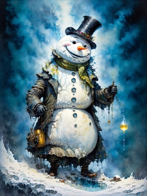 A living snowman, full body, 8k resolution photorealistic masterpiece, intricately detailed fluid painting, by Jean Baptiste Monge, acrylic: colorful watercolor art, cinematic lighting, maximalist photoillustration, 8k resolution concept art intricately detailed, complex, elegant, expansive, fantastical, psychedelic realism, dripping paint,greg rutkowski,detailmaster2