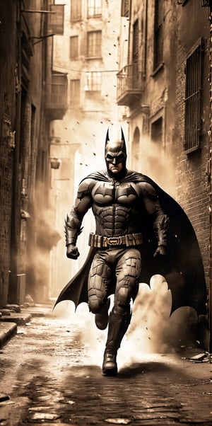 Batman sprints down an alley way.
Sepia tones

8k resolution photorealistic masterpiece, intricately detailed, cinematic lighting, maximalist photoillustration, HD,make_3d,more detail XL