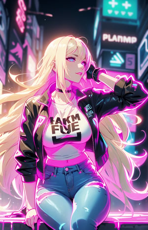 (blue glowing eyes)), (((long platinum_blonde hair:1.3))), (longhairstyle:1.4), ((1 mature woman)), (busty), large breasts, best quality, extremely detailed, HD, 8k,(neon jeans, high boots, colorful t-shirt, neon jacket), neon background, neon colors, futuristic, ,glowing clothes, happy_face