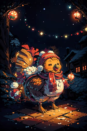  best quality,  extremely detailed,  HD,  8k, A turkey wearing christmas clothes a colorful scarf and a fuzzy hat,  autumn night scenery Christmas lights,  illuminated scenery,  bright moon,cute00d,EpicArt, (turkey:1.5)