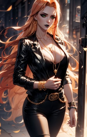 (long golden auburn:1.4),(green eyes),((1 mature woman)), (busty),black makeup,black lipstick,large breasts,best quality, extremely detailed, HD, 8k,(busty), large breasts, black eyeshadow, pale skin, jacket, necklace, bracelet, black pants,long combt boots