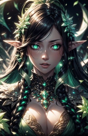 (((fantasy setting, fantasy battle background:1.3))), (long multicolor hair, transition hair, two tone hair, black hair, green hair:1.4), (longhairstyle:1.4), ((pale_skin)), (glowing green eyes:1.3), ((1 mature woman)), (busty), large breasts, best quality, extremely detailed, HD, 8k, elf_ears, ,1 girl ,yuzu, ,crystal4rmor,1 girl