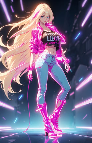 (blue glowing eyes)), (((long platinum_blonde hair:1.3))), (longhairstyle:1.4), ((1 mature woman)), (busty), large breasts, best quality, extremely detailed, HD, 8k,(neon jeans, high boots, colorful t-shirt, neon jacket), neon background, neon colors, futuristic,   ,glowing clothes