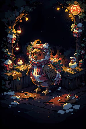  best quality,  extremely detailed,  HD,  8k, A turkey wearing christmas clothes a colorful scarf and a fuzzy hat,  autumn night scenery Christmas lights,  illuminated scenery,  bright moon,cute00d,EpicArt, (turkey:1.5)