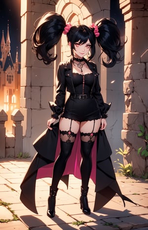 (long black hair), (hair ornament:1.2), two side up, ((pink/orange eyes)),  ((1 mature woman)), (busty), large breasts, best quality, extremely detailed, HD, 8k, (((solo in a night castle background)),  muscular_body, abs, ab_lines, fit. ((gothic, jacket, jewelry, gothic fashion, long sleeves, shirt, white shirt)), (black mini shirt, black long boots), evil  face, happy smile,mega twintails