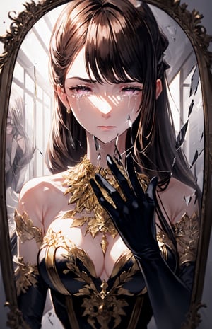 (((woman holding a broken mirror looking at her own reflection))), ((hand on glass)), ((long and dark dress, gold details, jewelry in the dress)), ((using black silk gloves)) moonlight, light window, (reddish_brown long hair:1.3), (longhairstyle:1.4), ((light pink eyes)), ((1 mature woman)), (busty), large breasts, best quality, extremely detailed, HD, 8k, (sad face), (sad eyes), crying, (viewed_from_back:0.75), 1woman,glass