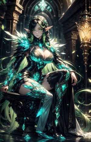 (((fantasy setting, fantasy background:1.3))), (long multicolor hair, transition hair, two tone hair, black hair, green hair:1.4), (longhairstyle:1.4), ((pale_skin)), (glowing green eyes:1.3), ((1 mature woman)), (busty), large breasts, best quality, extremely detailed, HD, 8k, elf_ears, ,1 girl ,yuzu, ,crystal4rmor,1 girl