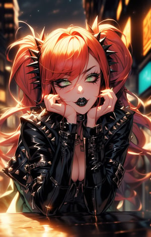 (long golden auburn hair:1.3), (two side up hairstyle:1.2), ((Gray-green_eyes)), ((1 mature woman)), (busty), large breasts,twintails, best quality, extremely detailed, HD, 8k, (((solo in a night city background)), ((black corset, jacket with spikes,jeans,long boots)),(black_makeup), (black_lipstick)