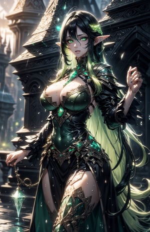 (((fantasy castle:1.3))), ((raining)), (long multicolor hair, transition hair, two tone hair, black hair, green hair:1.4), (longhairstyle:1.4), ((pale_skin)), (glowing green eyes:1.3), ((1 mature woman)), (busty), large breasts, best quality, extremely detailed, HD, 8k, elf_ears, ,1 girl ,yuzu, ,crystal4rmor, ((wet hair)), ((wet face)), (wet clothes)