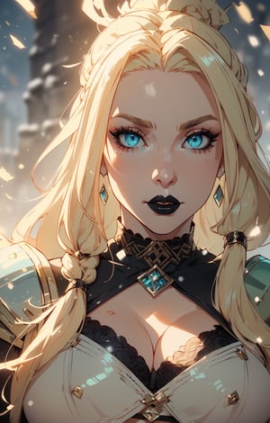 (long _blonde hair:1.3), (dreadlocks_hairstyle:1.3), ((greenish blue_eyes)), ((1 mature woman)), (busty), large breasts, best quality, extremely detailed, HD, 8k, (((solo in a snow battlefield background)), ((viking armor)), abs, ab_lines, fit, (gothic_makeup), (black_lipstick)