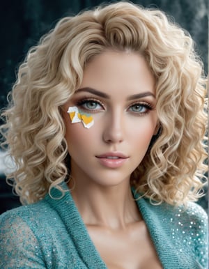 ((photorealistic)), perfect anatomy, realistic skin, detailed eyes, detailed face, hazel eyes, ((smokey eyes)), 32 y.o. woman model, aqua blonde , short curly, cleavage, colored knitted clothing, diamonds, chubby, snowy,
knee up photo 