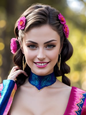 photorealistic, intricate, ((quality)), 8k, (HDR:1.23), a ((beautiful)) colombian, 23 y.o. , natural face, ((eyelashes)), fractal embroidery, colorful sexy pirate bride dress, laces, asymmetric_bangs, shiny lips, ((cleavage)), ((perfect teeth)), gold and pink blonde,  wavy_hair, thigh boots, (posing), braids, glowing art composition , peacock feathers, resemble Phoebe Tonkin:1.23, 