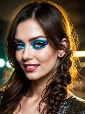 ((HDR)), Extremely Realistic, perfect teeth, a colombian model, 23y.o. ,  ((eyelashes)), colored lips, smile, braids, bangs,  aqua_hair,  ((smokey eyes)), (vogue make_up), steampunk, night glowy street , photo of perfecteyes eyes, body photo