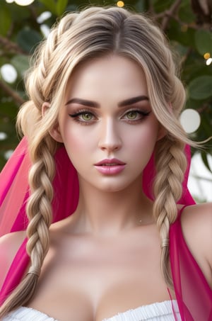 (vivid colors), HDR, ((best quality)), masterpiece , intricate details, 8k, beautiful detailed face, skin pores, (beautiful detailed eyes), ((eyelashes)), 23yo., a happy woman posing to camera,  , sultry smile, pink green braids, asymmetrical hair, (large breast), ornaments, thigh boots, laces, delicate transparent cape, full body image, (burlesque theme), tanned, light lipstick, resemble katy perry and lucy pinder and megan fox,Realism