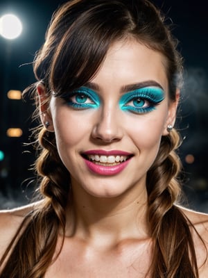 ((HDR)), Extremely Realistic, perfect teeth, a colombian model, 23y.o. ,  ((eyelashes)), colored lips, smile, braids, bangs,  aqua_hair,  ((smokey eyes)), (vogue make_up), futuristic, night glowy street , photo of perfecteyes eyes, body photo