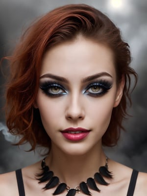 ((HDR)), Extremely Realistic, hyper realistic, perfect teeth, a mexican supermodel, 23y.o. ,   ((eyelashes)), colored lips, smile, curly red_hair,  ((smokey eyes)), (gothic make_up), night glowy street , photo of perfecteyes eyes, bust_portrait