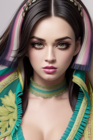 (vivid colors), HDR, ((best quality)), masterpiece , intricate details, 8k, beautiful detailed face, skin pores, (beautiful detailed eyes), ((eyelashes)), 23yo., a happy woman posing to camera,  , sultry smile, pink green braids, asymmetrical hair, (large breast), ornaments, thigh boots, laces, delicate transparent cape, full body image, (burlesque theme), tanned, light lipstick, resemble katy perry and lucy pinder and megan fox,Realism