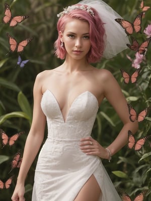HDR:1.32, Extremely Realistic, hyper realistic, Give me a photo of a supermodel, wearing a bride slit dress, pink_hair, surrounded by butterflys chaos, artistic fusion, 