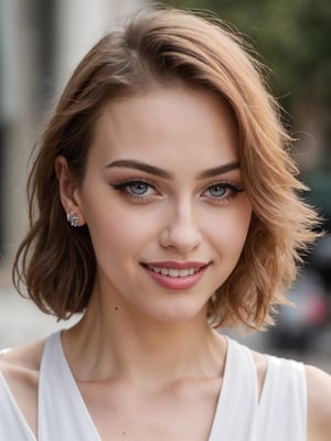 ((HDR)), Extremely Realistic, hyper realistic, Give me a photo of a italian supermodel, 23y.o. , wearing a white mini dress, ((eyelashes)), red lips, smile, braided pink_hair, chubby, smokey eyes, make_up, street chaos, ,photo of perfecteyes eyes, bust_portrait