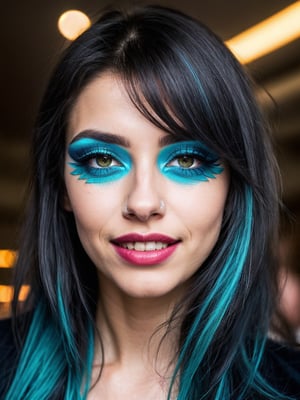 ((HDR)), Extremely Realistic, perfect teeth, a colombian model, 23y.o. ,  ((eyelashes)), colored lips, smile, braids, bangs,  aqua_hair,  ((smokey eyes)), (emo make_up), futuristic, night glowy street , photo of perfecteyes eyes, body photo