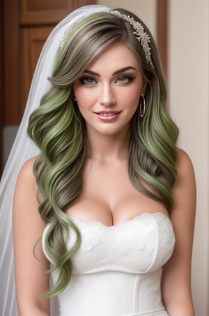 (vivid colors), HDR, ((best quality)), masterpiece, intricate details, 8k, beautiful detailed face, skin pores, (beautiful detailed eyes), ((eyelashes)), 23yo., a happy woman posing to camera, ((deep cleavage)), , micro bustier, leather mini slit dress, seductive, sultry smile, pink green hair, wavy hair, light lipstick,  braids, thick thighs,  knee up  photo, hair adorns, laces, ((white bride theme)) , resemble Lucy Pinder and MeganFox