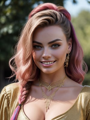 photorealistic, intricate, ((quality)), 8k, (UHD:1.23), a ((beautiful)) colombian, 23 y.o. , natural face, ((eyelashes)), fractal embroidery, colorful sexy pirate dress, laces, asymmetric_bangs, shiny lips, ((cleavage)), ((perfect teeth)), pink_hair blonde,  wavy_hair, thigh boots, (posing), braids, glowing art composition , peacock feathers, lean forward, resemble Indiana Evans and margot robbie:1.23, 