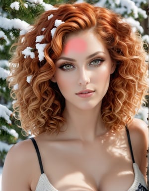 ((photorealistic)), perfect anatomy, realistic skin, detailed eyes, detailed face, hazel eyes, ((smokey eyes)), 32 y.o. woman model, red blonde , short curly, cleavage, knitted bustier, shorts, chubby, snow tree,
knee up photo 