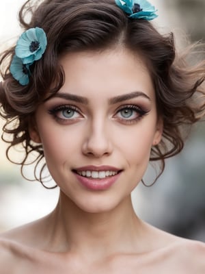 ((HDR)), Extremely Realistic, hyper realistic, perfect teeth, a italian supermodel, 23y.o. , wearing a cyan mini dress, flowers print, ((eyelashes)), red lips, smile, curly pink_hair, chubby, ((smokey eyes)), (make_up), night glowy street , photo of perfecteyes eyes, knee up photo from side